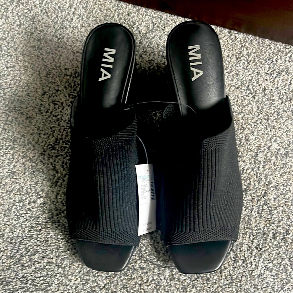 MIA slip on heels. Black, block heel, slip on shoes.